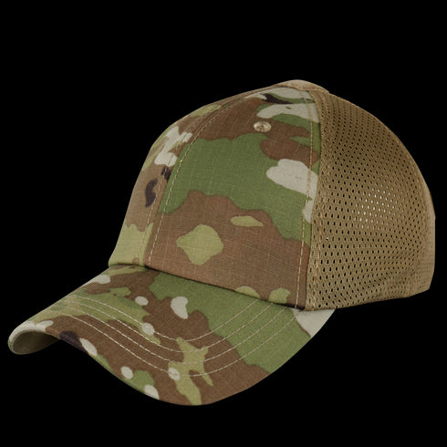 The Condor Tactical Team Mesh Cap features a Scorpion OCP camouflage pattern, a curved brim, and mesh back panels.